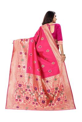 Rani Pink Woven Cotton Silk Saree With Blouse 3