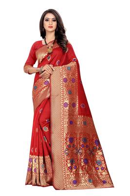 Red Woven Cotton Silk Saree With Blouse 1