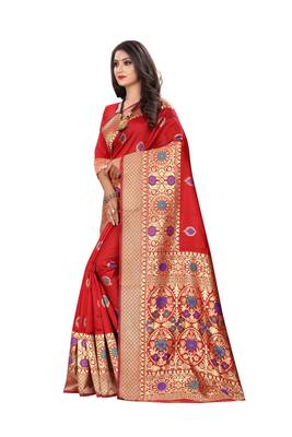 Red Woven Cotton Silk Saree With Blouse 2