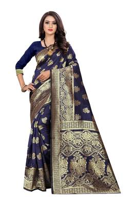 Navy Blue Woven Cotton Silk Saree With Blouse 1