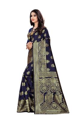 Navy Blue Woven Cotton Silk Saree With Blouse 2