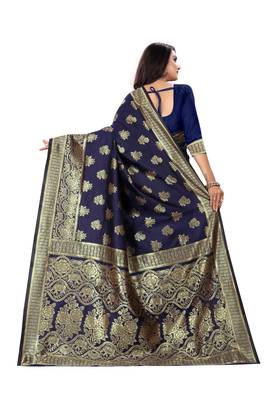 Navy Blue Woven Cotton Silk Saree With Blouse 3
