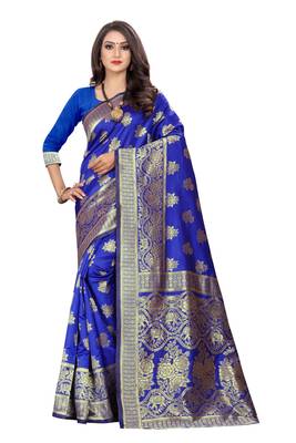 Royal Blue Woven Cotton Silk Saree With Blouse 1
