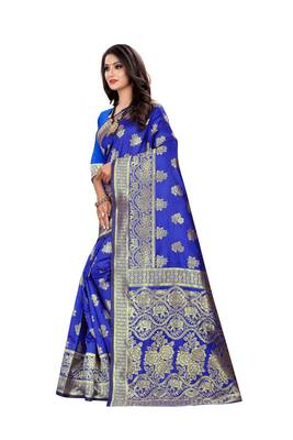 Royal Blue Woven Cotton Silk Saree With Blouse 2