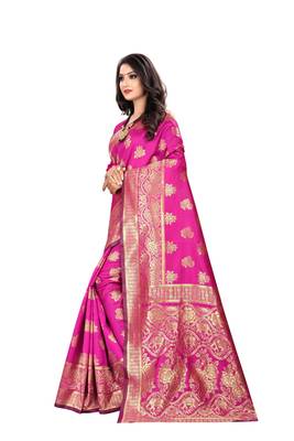 Rani Pink Woven Cotton Silk Saree With Blouse 2