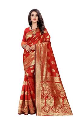 Red Woven Cotton Silk Saree With Blouse 1