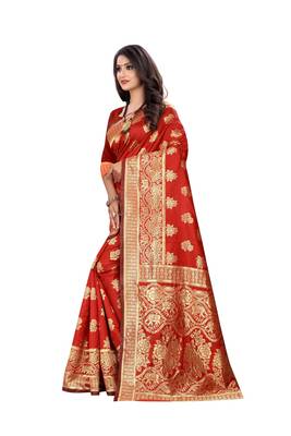 Red Woven Cotton Silk Saree With Blouse 2