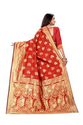 Red Woven Cotton Silk Saree With Blouse 3