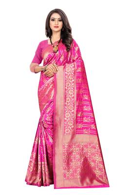 Rani Pink Woven Cotton Silk Saree With Blouse 1