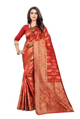 Red Woven Cotton Silk Saree With Blouse 1