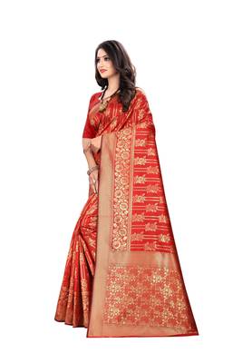 Red Woven Cotton Silk Saree With Blouse 2