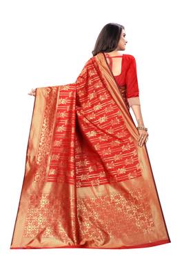 Red Woven Cotton Silk Saree With Blouse 3