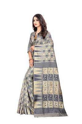 Navy Blue Woven Cotton Silk Saree With Blouse 2