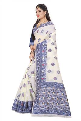 Royal Blue Woven Cotton Silk Saree With Blouse 2