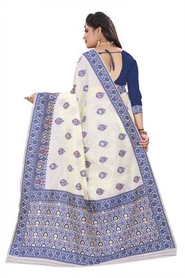 Royal Blue Woven Cotton Silk Saree With Blouse 4