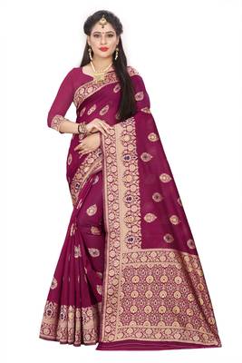Wine Woven Cotton Silk Saree With Blouse 1