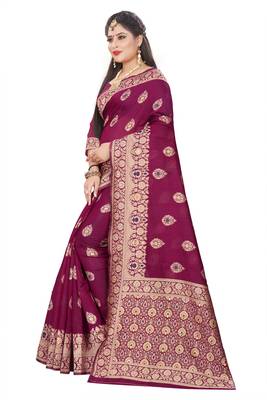Wine Woven Cotton Silk Saree With Blouse 2
