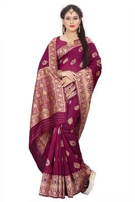 Wine Woven Cotton Silk Saree With Blouse 3