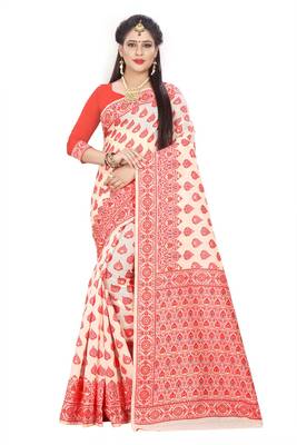 Red Woven Cotton Silk Saree With Blouse 1