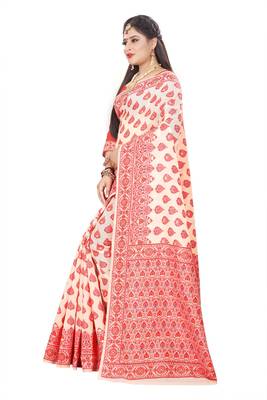 Red Woven Cotton Silk Saree With Blouse 2