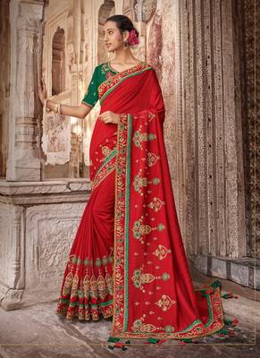 Red Embroidered Raw Silk Saree With Blouse 1
