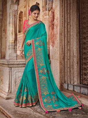 Light Turquoise Embroidered Silk Blend Saree With Blouse 1