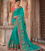 Light Turquoise Embroidered Silk Blend Saree With Blouse