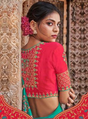 Light Turquoise Embroidered Silk Blend Saree With Blouse 2