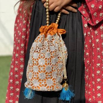 Orange Silver Handcrafted Embroidered Silk Potli 2