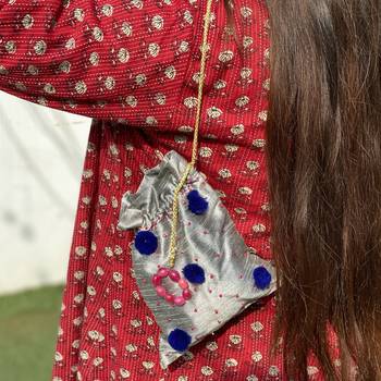 Grey Handcrafted Silk Potli With Blue Pom Pom 1