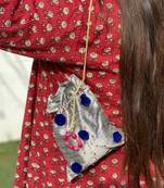 Grey Handcrafted Silk Potli With Blue Pom Pom