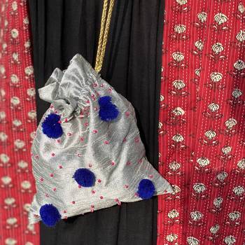 Grey Handcrafted Silk Potli With Blue Pom Pom 2