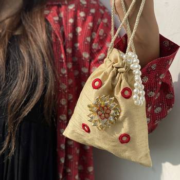 Gold Handcrafted Embroidered Silk Potli 2