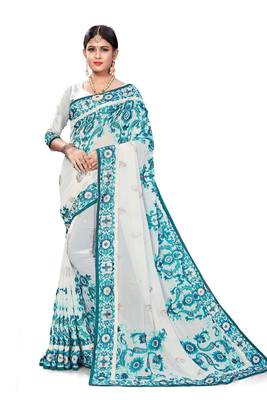 Off White Bemberg Embroidery Traditional Saree 1
