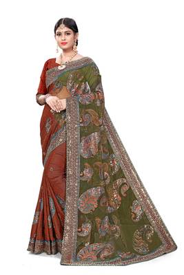 Rama Green Jacquard & Net Embroidery Half & Half Saree 1