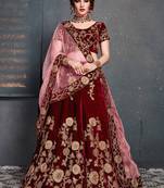 Red Thread Embroidery Velvet Semi Stitched Lehenga