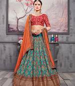 Turquoise Embroidered Silk Semi Stitched Lehenga