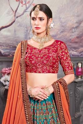 Turquoise Embroidered Silk Semi Stitched Lehenga 2