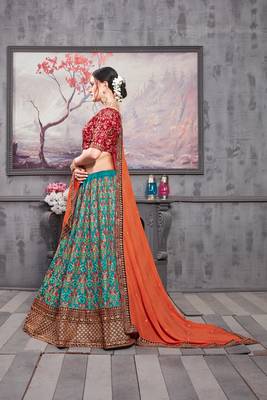 Turquoise Embroidered Silk Semi Stitched Lehenga 3