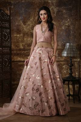 Peach Foilage Print Satin Semi Stitched Lehenga 1