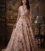 Peach Foilage Print Satin Semi Stitched Lehenga
