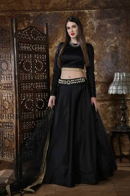 Black Self Design Silk Semi Stitched Lehenga 1