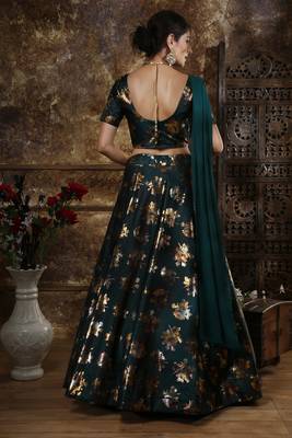 Light Green Foilage Print Silk Semi Stitched Lehenga 2