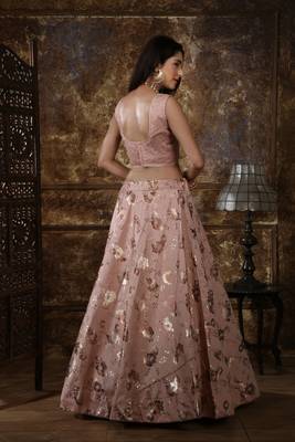 Peach Foilage Print Satin Semi Stitched Lehenga 2