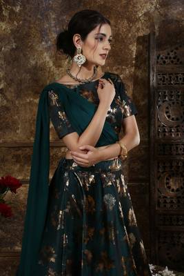 Light Green Foilage Print Silk Semi Stitched Lehenga 3