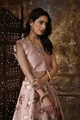 Peach Foilage Print Satin Semi Stitched Lehenga 3