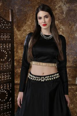 Black Self Design Silk Semi Stitched Lehenga 4