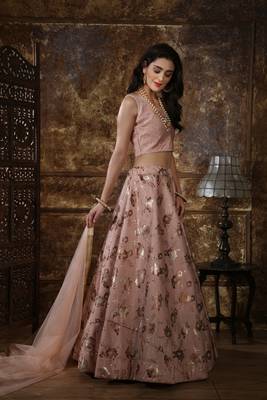 Peach Foilage Print Satin Semi Stitched Lehenga 4