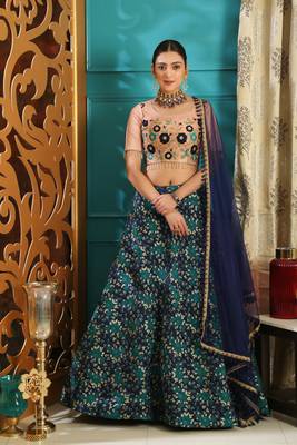Turquoise Jacquard Jacquard Semi Stitched Lehenga 1
