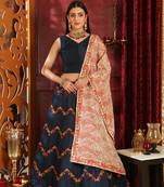 Navy-Blue Embroidered Silk Semi Stitched Lehenga